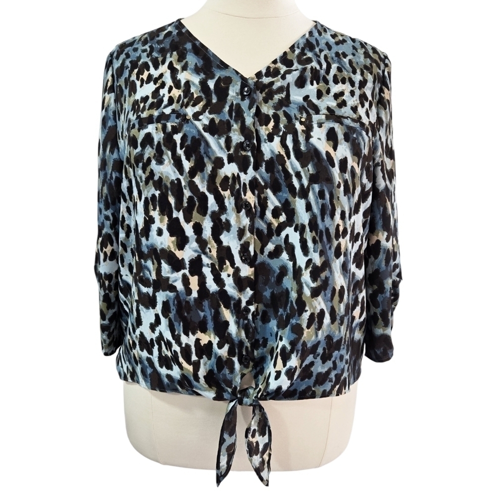Chico's Blue Abstract Animal Print V-Neck Button-Up Tie Front 3/4 Sleeve Blouse